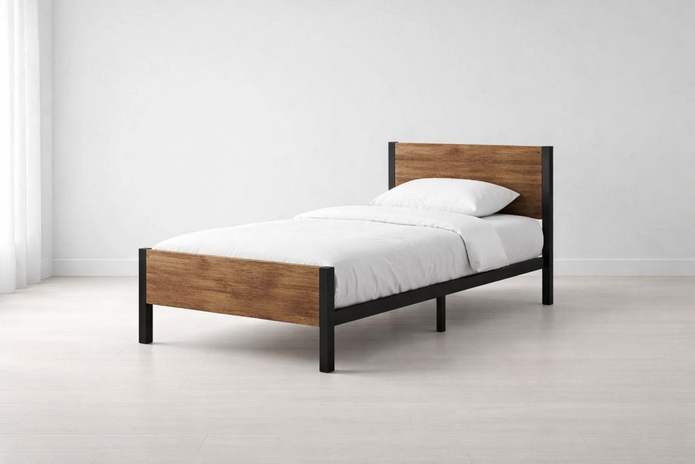 Twin Bed Frame with Wood Headboard and Footboard Black Metal Frame
