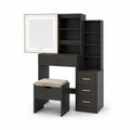 Toeletta in legno nero con specchio a LED e sgabello