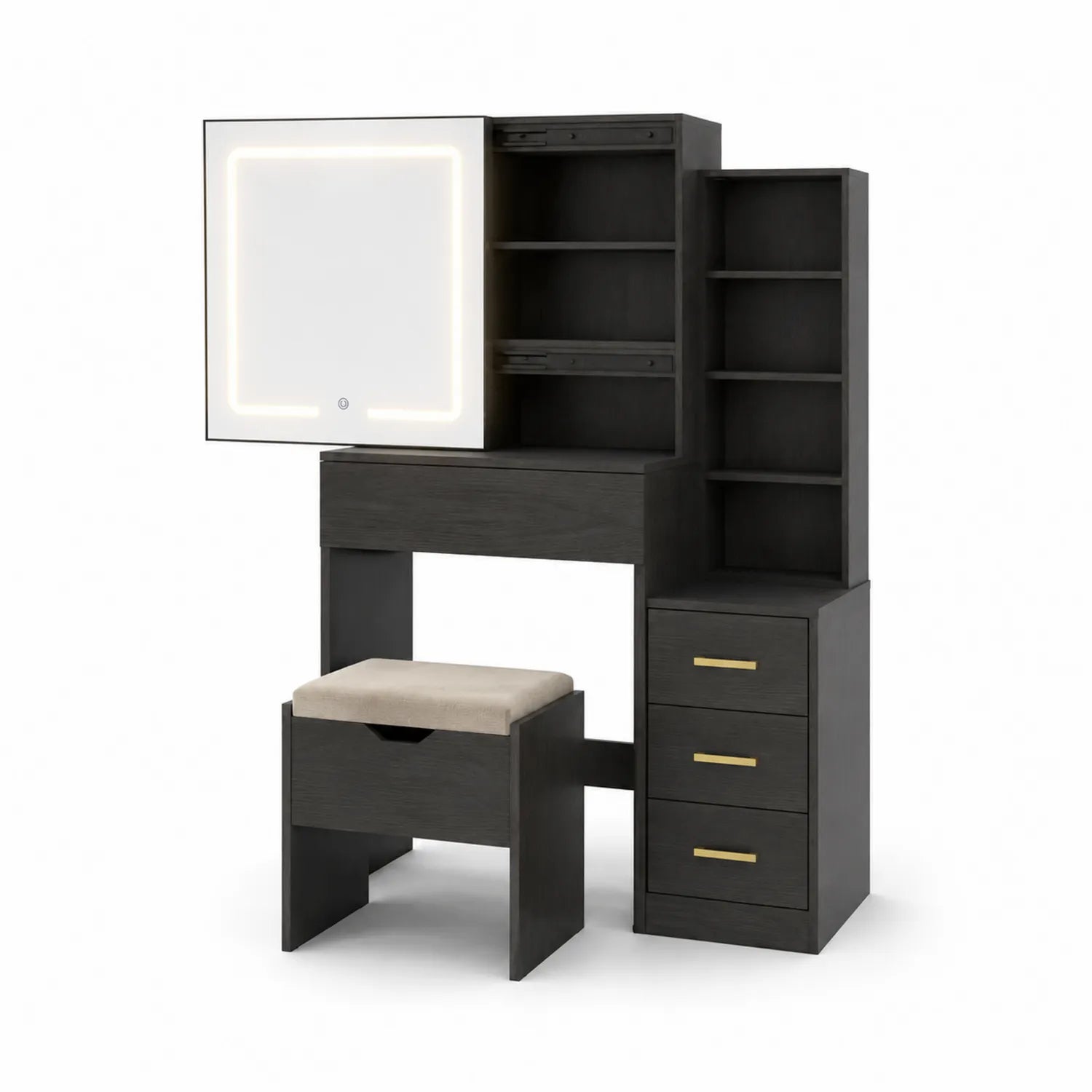 Coiffeuse en bois noir avec miroir LED et tabouret