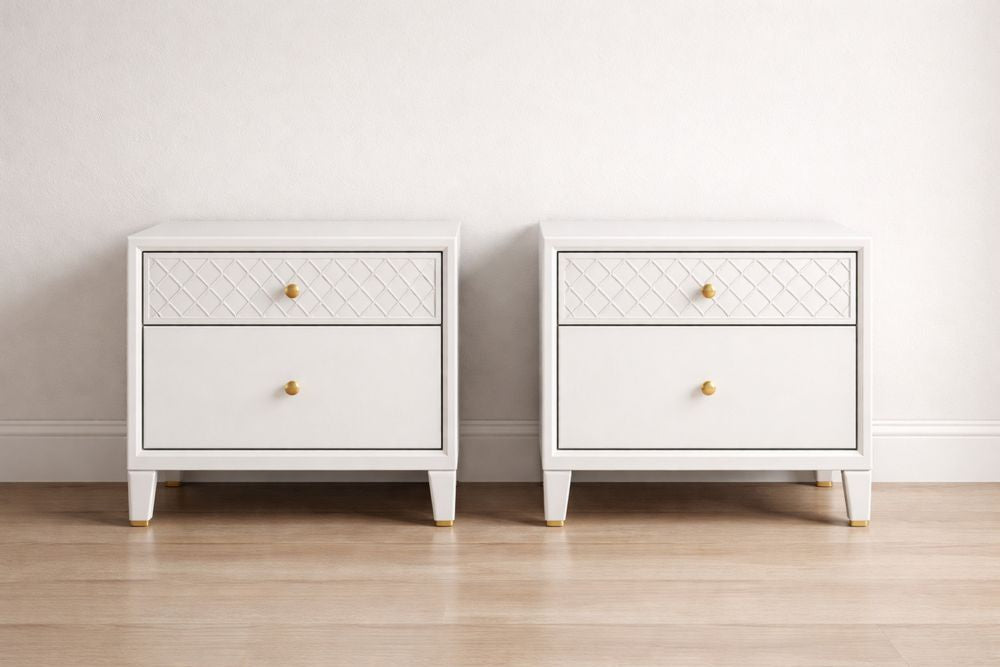 White MDF Wood 2-Piece Nightstand Set with Gold Knobs 60cm x 40cm x 55cm
