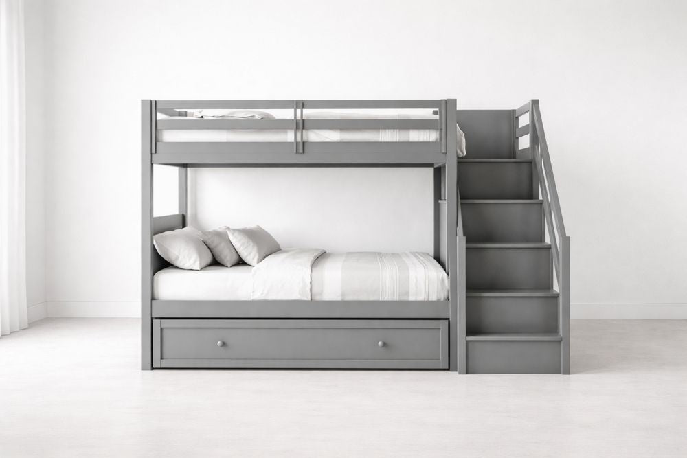 Gray Wood Twin Over Twin Bunk Bed with Storage Steps