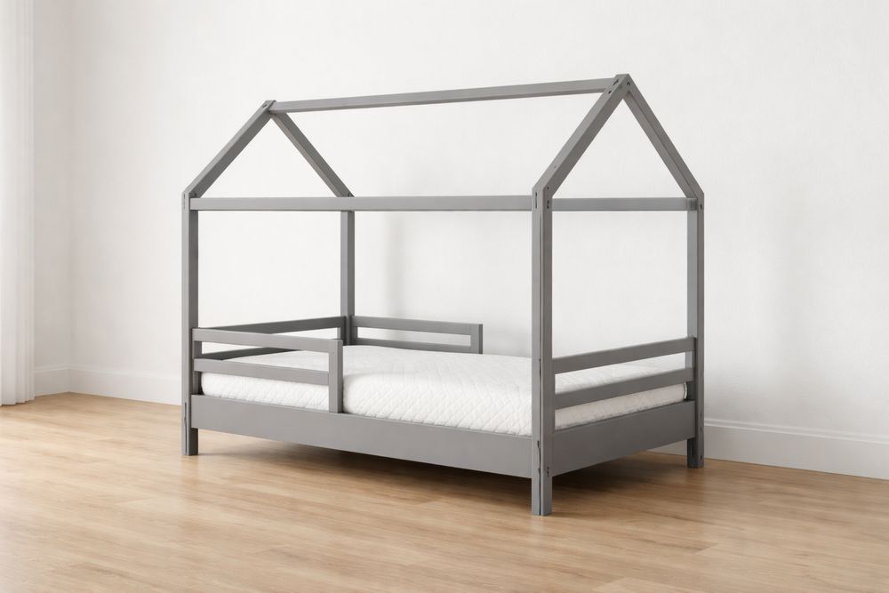 Gray Wooden House Frame Kids Bed 190cm Length 100cm Width 150cm Height