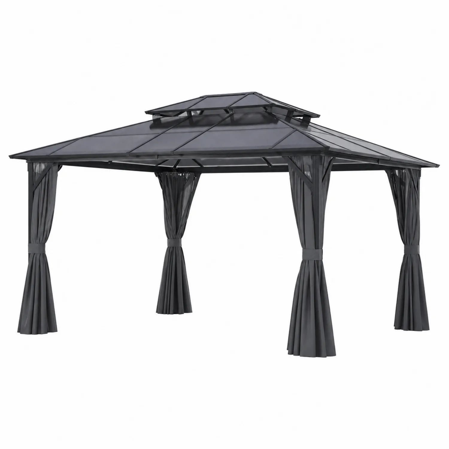 Pavillon de jardin en métal 4x3x2,7m avec toit en polycarbonate et rideaux Gris