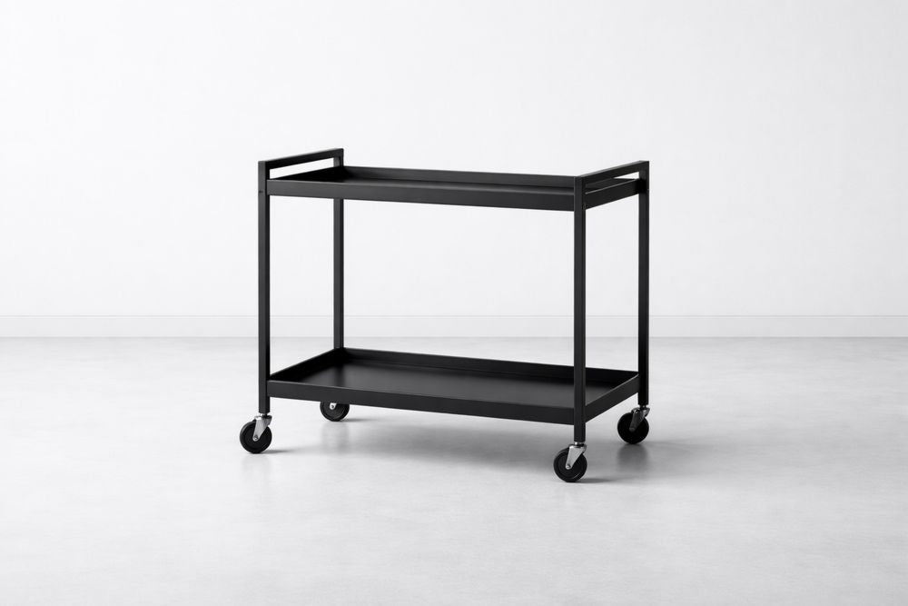 Black Steel Rolling Utility Cart with Two Shelves