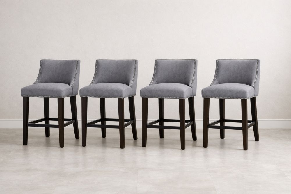 4-Piece Gray Upholstered Bar Stools Set with Wooden Legs