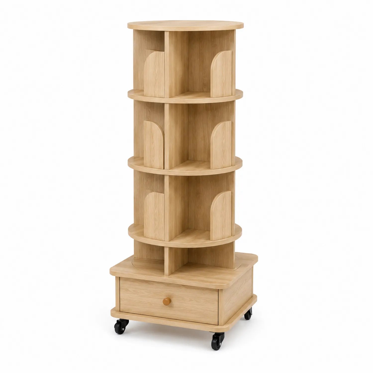 Scaffale rotante in legno MDF con rotelle e cassetto