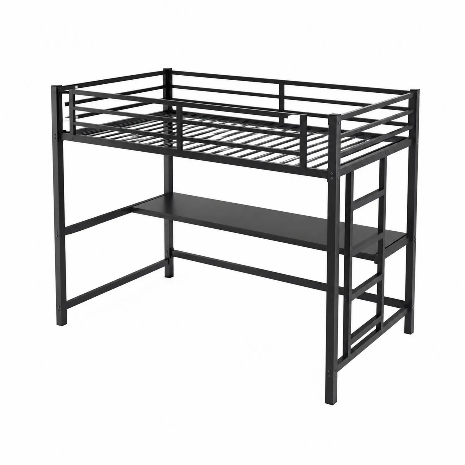 Lit mezzanine en métal noir avec bureau intégré, 200 x 90 x 180 cm