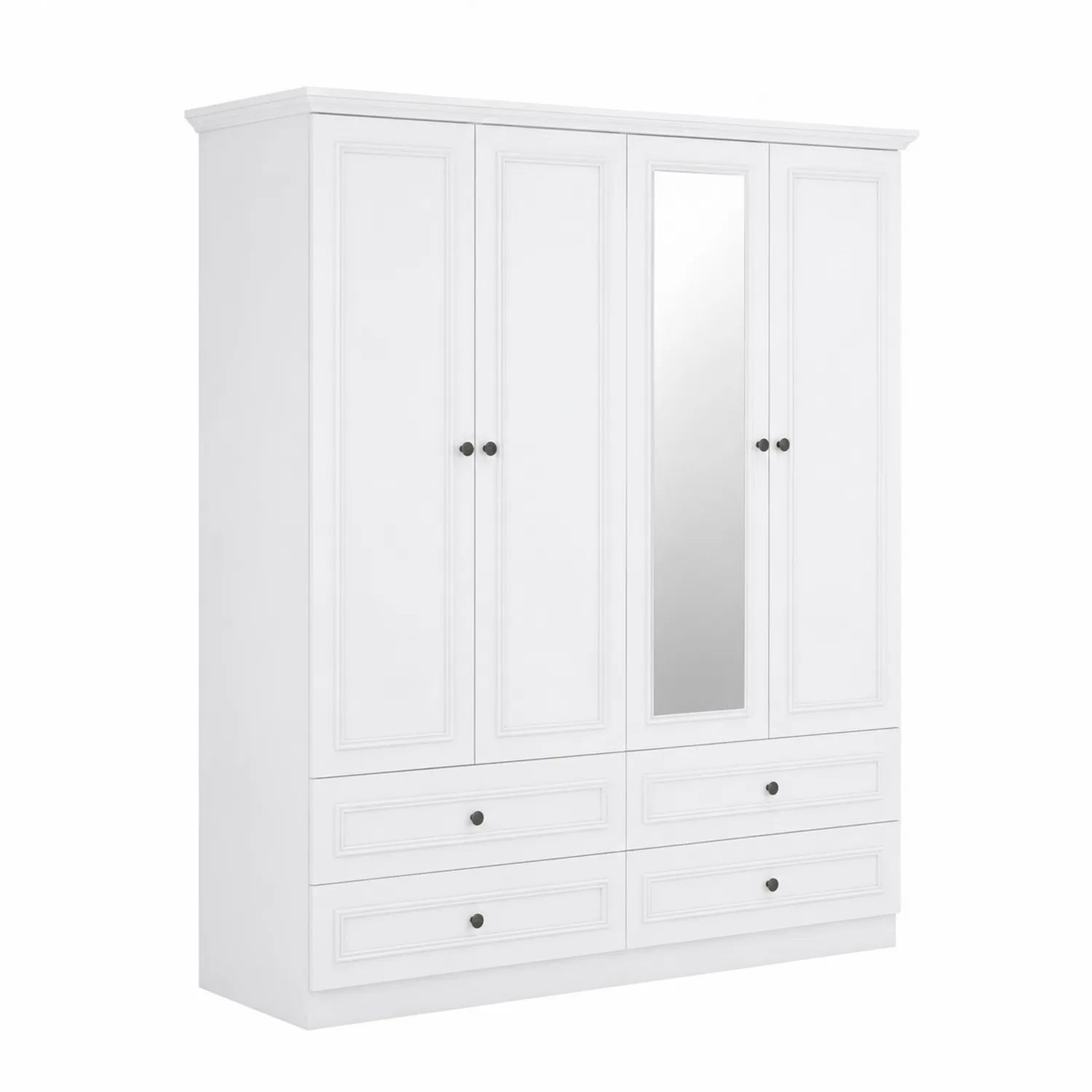 Armadio a 4 ante con specchio e 6 cassetti in legno MDF bianco