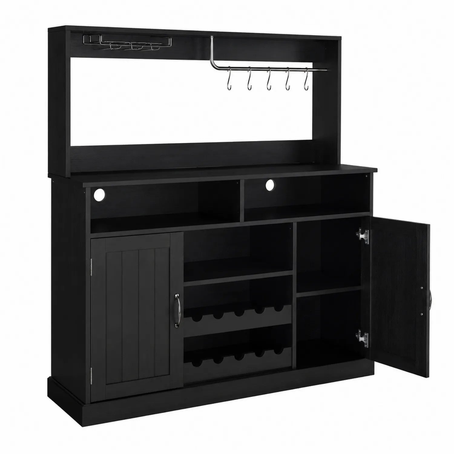 Buffet de Cuisine en Bois Noir avec Porte-Bouteilles et Rangements