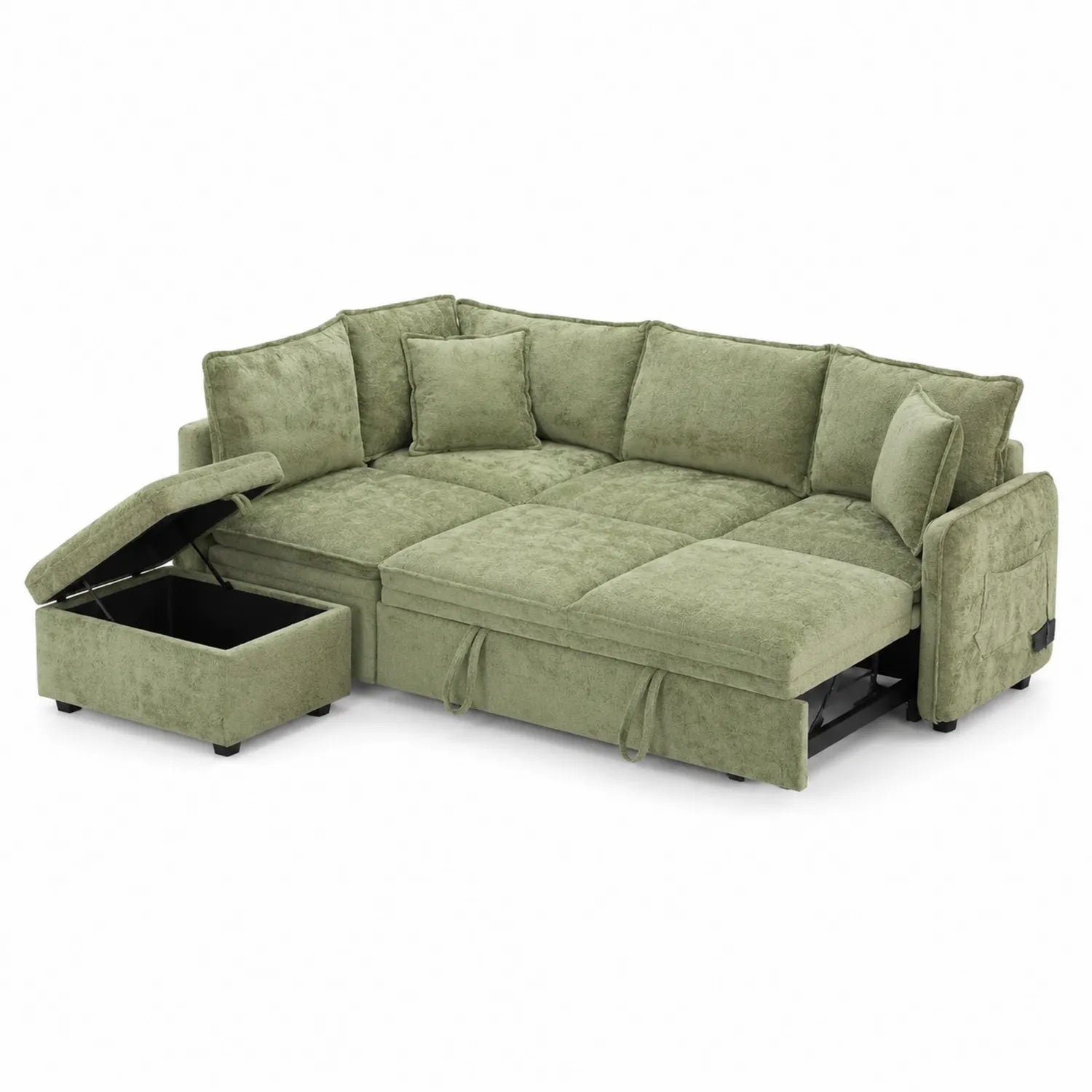 Canapé d'angle convertible en tissu vert avec rangement intégré